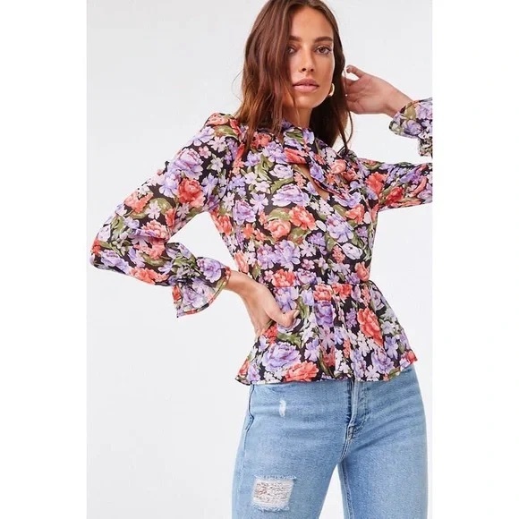 Forever 21 Floral Chiffon Peplum Blouse - Picture 6 of 9